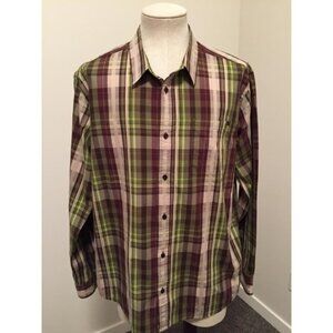 PRANA Long Sleeve Organic Cotton Shirt Mens Size XL Green Brown Plaid